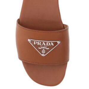 PRADA Brown Leather Triangle Logo Detail Flat Slide Sandals Size 39 8.5 9